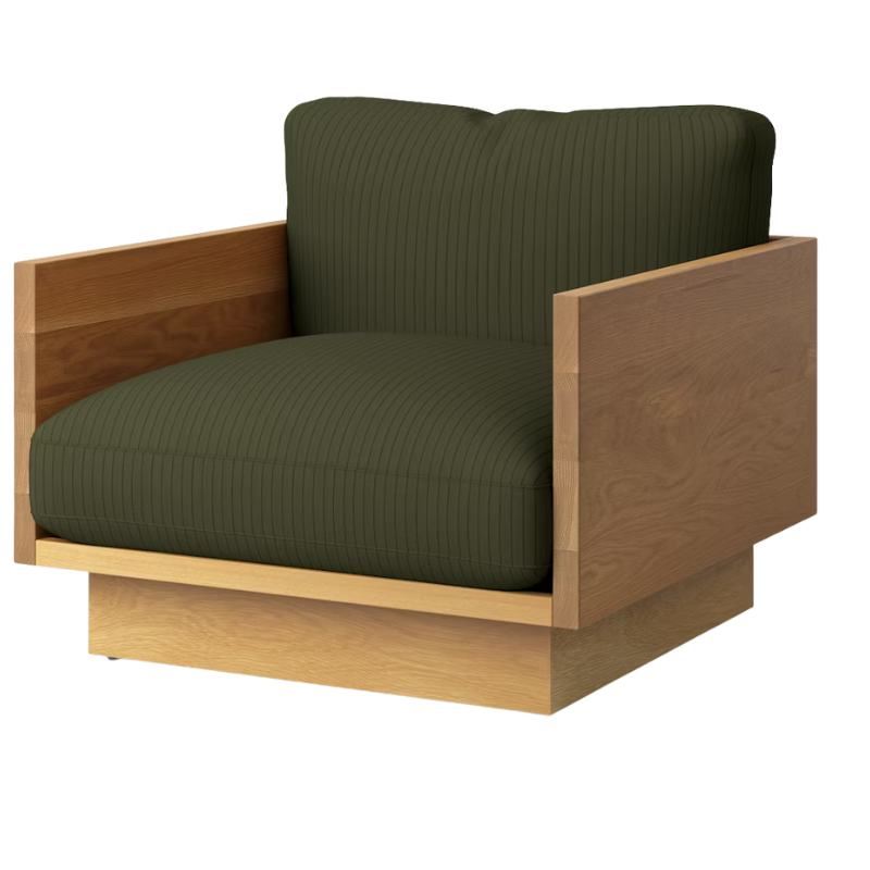 The White Oak Pawson Drift Lounge Chair from Herman Miller with passage lacinato upholstery.