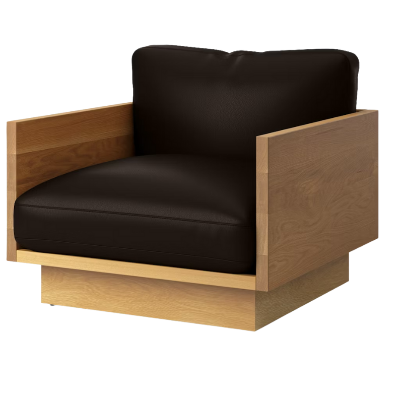 The White Oak Pawson Drift Lounge Chair from Herman Miller with prone leather java upholstery.