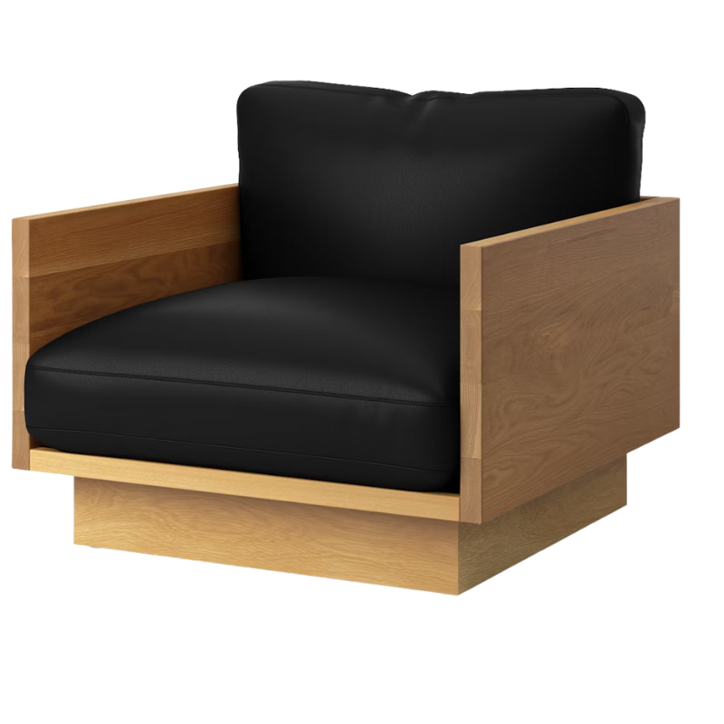The White Oak Pawson Drift Lounge Chair from Herman Miller with prone leather obsidian upholstery.