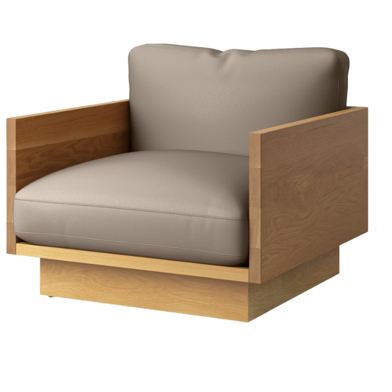 The White Oak Pawson Drift Lounge Chair from Herman Miller with prone leather timbre upholstery.