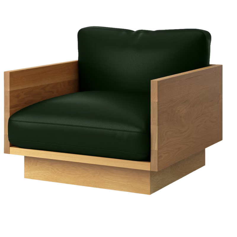The White Oak Pawson Drift Lounge Chair from Herman Miller with prone leather vine upholstery.