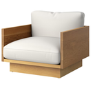 The White Oak Pawson Drift Lounge Chair from Herman Miller with raise leather creme upholstery.