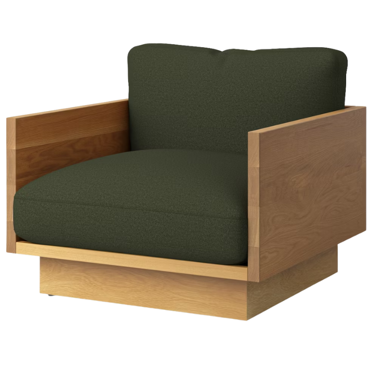 The White Oak Pawson Drift Lounge Chair from Herman Miller with tempo velvet farmland upholstery.