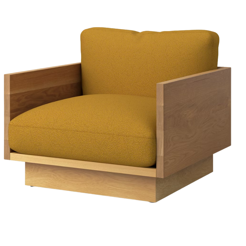 The White Oak Pawson Drift Lounge Chair from Herman Miller with whim mustard seed upholstery.
