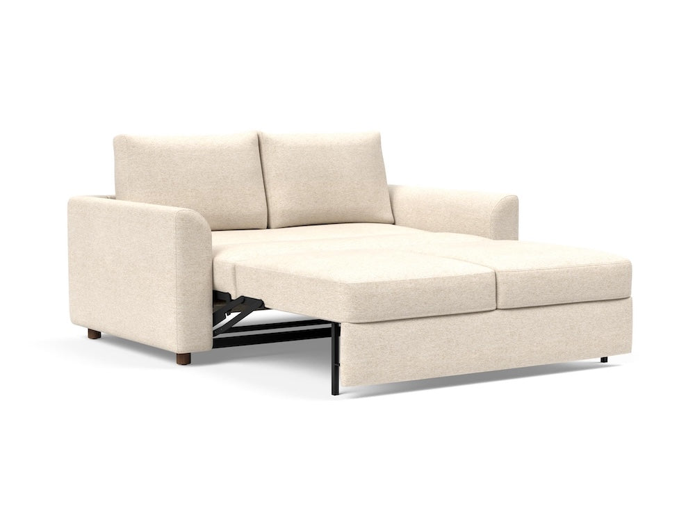Innovation Living Neah Full Size Sofa Bed with Curved arms in Halifax Shell 365 upholstery with bed extended. 