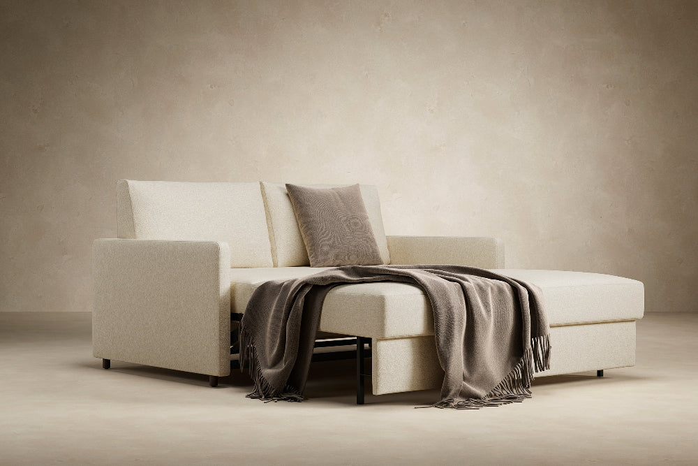 Innovation Living Neah Queen Bed with Standard Arms in Halifax Shell 365 with bed pulled out.