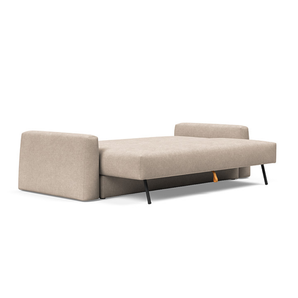 The Cone Sleeper Sofa from Innovation Living with adario taupe 257 upholstery setup as a bed.