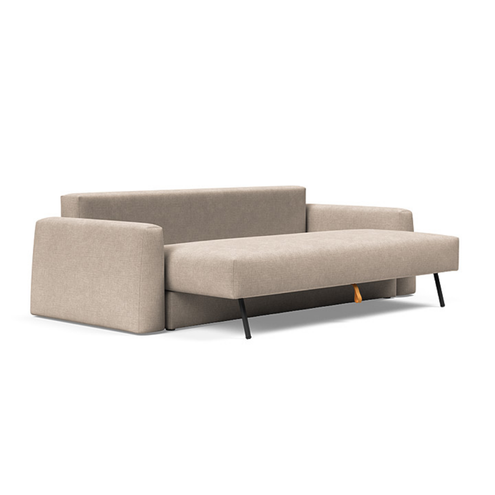 The Cone Sleeper Sofa from Innovation Living with adario taupe 257 upholstery seat pulled out of the couch.