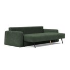The Cone Sleeper Sofa from Innovation Living with avella forest green 281 upholstery seat pulled out of the couch.