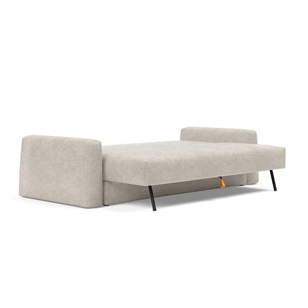The Cone Sleeper Sofa from Innovation Living with avella sand 280 upholstery setup as a bed.