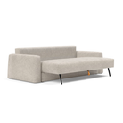 The Cone Sleeper Sofa from Innovation Living with avella sand 280 upholstery seat pulled out of the couch.