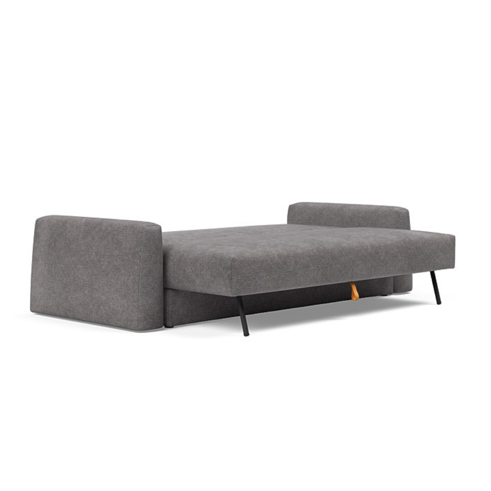 The Cone Sleeper Sofa from Innovation Living with avella warm grey 282 upholstery setup as a bed.