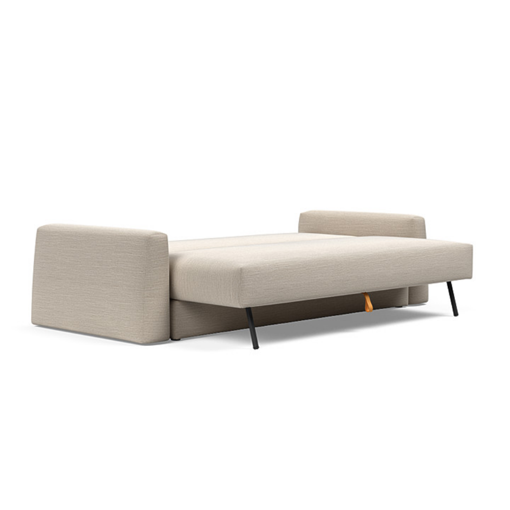 The Cone Sleeper Sofa from Innovation Living with blida sand grey 612 upholstery setup as a bed.