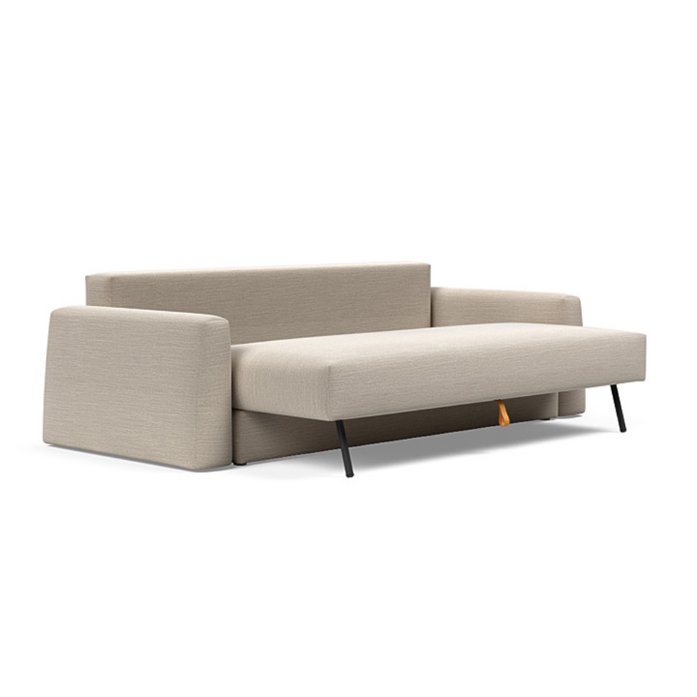 The Cone Sleeper Sofa from Innovation Living with blida sand grey 612 upholstery seat pulled out from the couch.