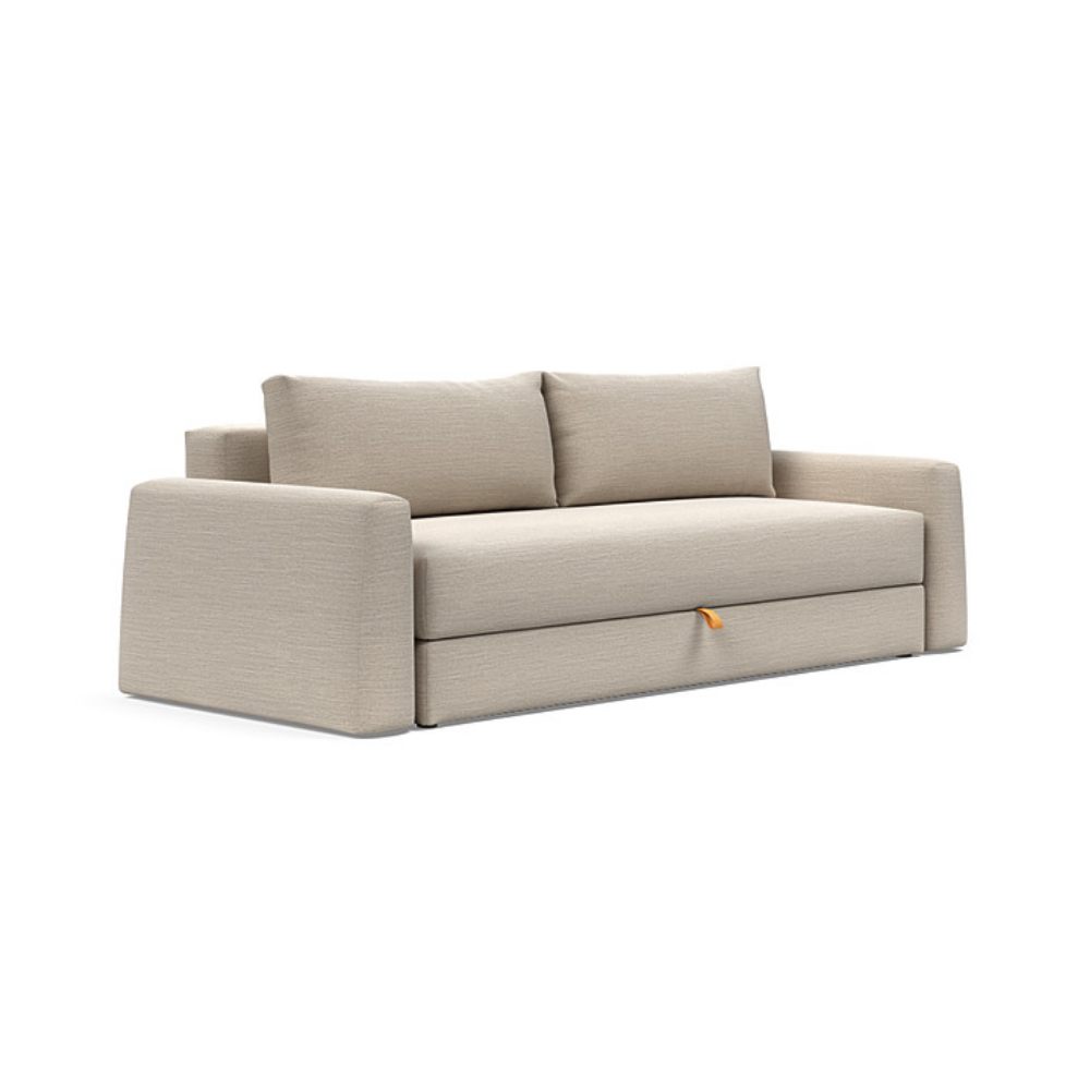 The Cone Sleeper Sofa from Innovation Living with blida sand grey 612 upholstery setup as a sofa.
