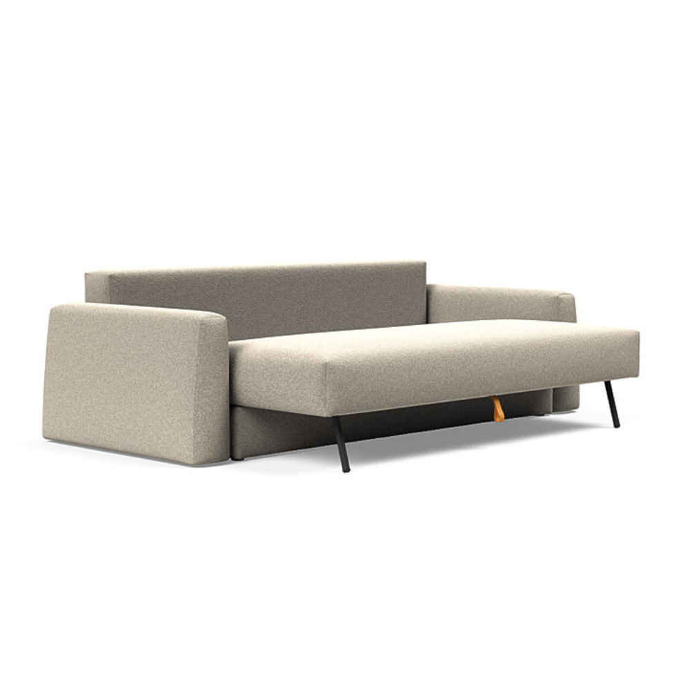 The Cone Sleeper Sofa from Innovation Living with boucle beige 539 upholstery seat pulled out of the couch.