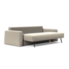 The Cone Sleeper Sofa from Innovation Living with boucle beige 539 upholstery seat pulled out of the couch.