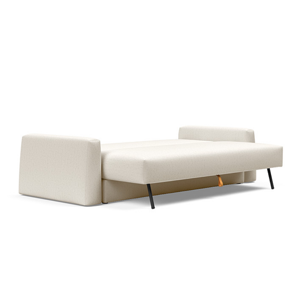 The Cone Sleeper Sofa from Innovation Living with boucle off white 531 upholstery setup as a bed.