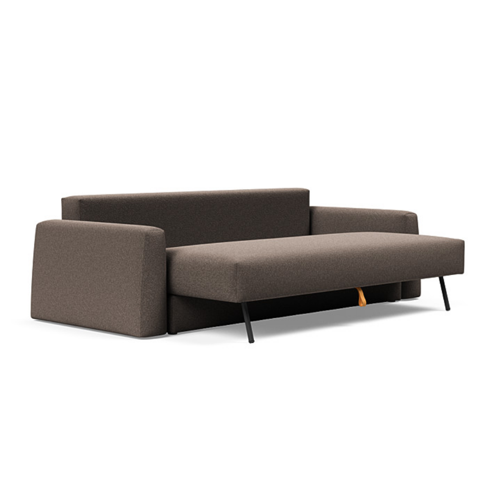 The Cone Sleeper Sofa from Innovation Living with boucle taupe 530 upholstery seat pulled out of the couch.