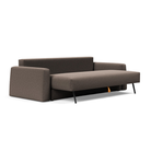 The Cone Sleeper Sofa from Innovation Living with boucle taupe 530 upholstery seat pulled out of the couch.