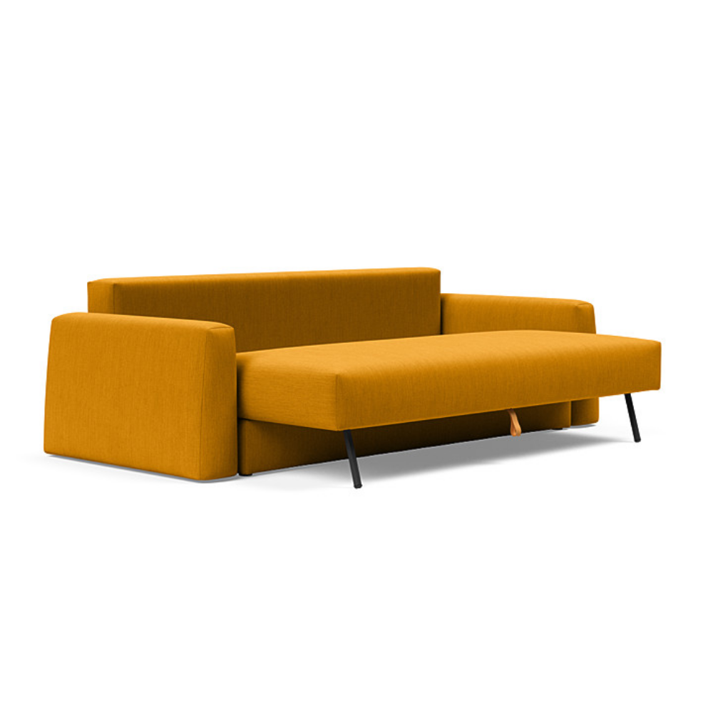 The Cone Sleeper Sofa from Innovation Living with elegance burned curry 507 upholstery seat pulled out from the couch.
