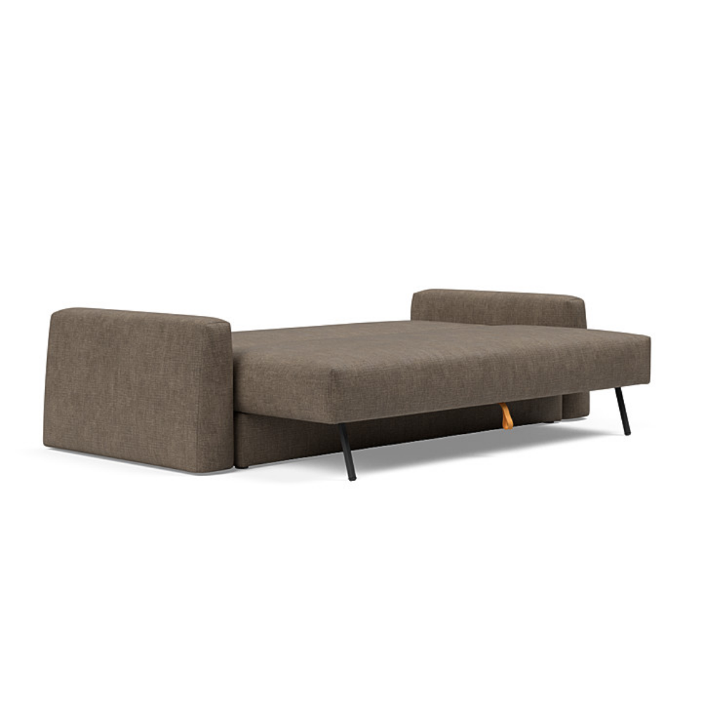The Cone Sleeper Sofa from Innovation Living with esina cedar brown 411 upholstery setup as a bed.