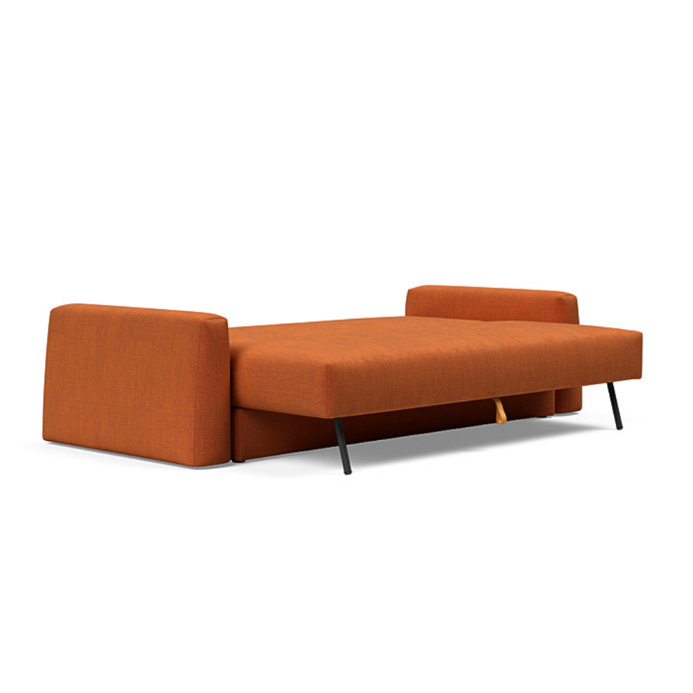 The Cone Sleeper Sofa from Innovation Living with esina rust orange 412 upholstery setup as a bed.