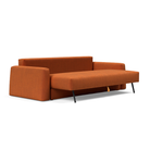 The Cone Sleeper Sofa from Innovation Living with esina rust orange 412 upholstery seat pulled out of the couch.