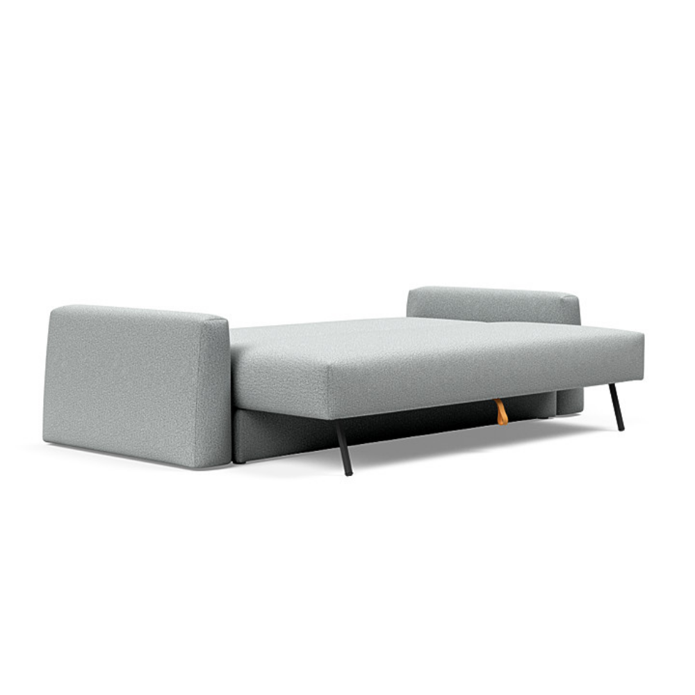 The Cone Sleeper Sofa from Innovation Living with melange light grey 538 upholstery setup as a bed.
