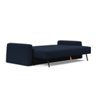 The Cone Sleeper Sofa from Innovation Living with mixed dance blue 528 upholstery setup as a bed.