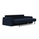 The Cone Sleeper Sofa from Innovation Living with mixed dance blue 528 upholstery seat pulled out of the couch.