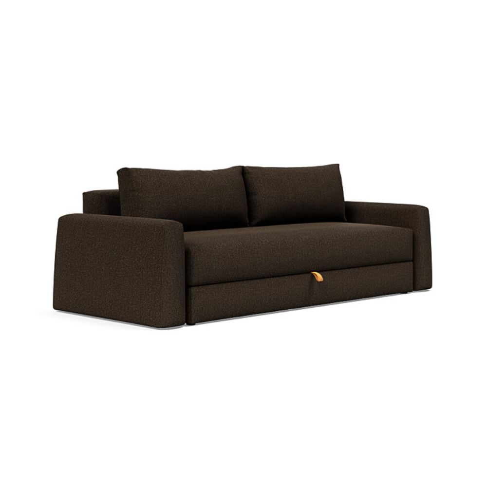 The Cone Sleeper Sofa from Innovation Living with taura chocco 358 upholstery setup as a sofa.