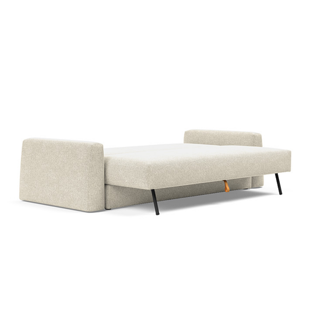 The Cone Sleeper Sofa from Innovation Living with taura off white 357 upholstery setup as a bed.