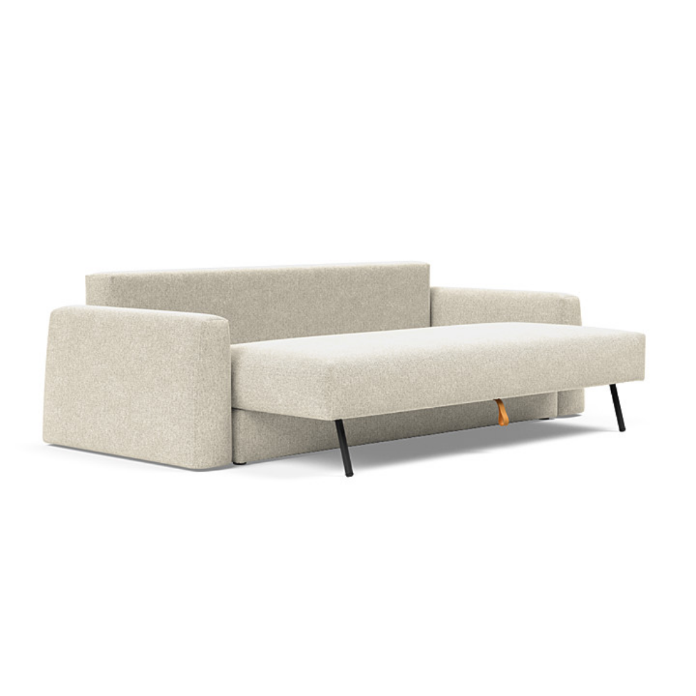 The Cone Sleeper Sofa from Innovation Living with taura off white 357 upholstery seat pulled out of the couch.