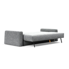 The Cone Sleeper Sofa from Innovation Living with taura slate grey 351 upholstery setup as a bed.
