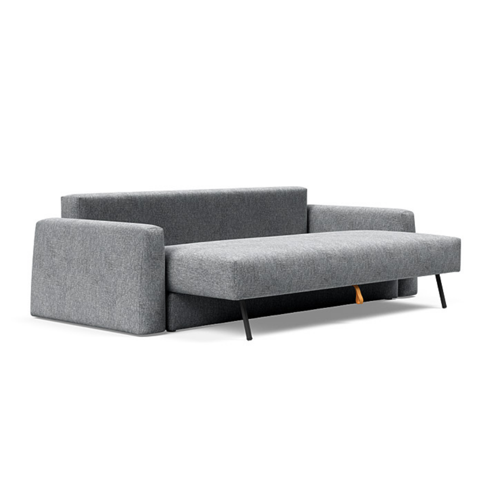 The Cone Sleeper Sofa from Innovation Living with twist granite 565 upholstery seat pulled out of the couch.