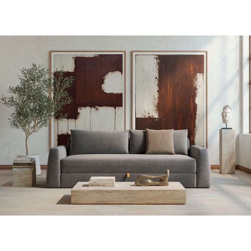 The Cone Sleeper Sofa from Innovation Living with twist granite 565 upholstery in a lounge.