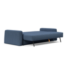 The Cone Sleeper Sofa from Innovation Living with weda blue 302 upholstery setup as a bed.