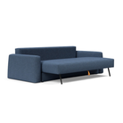 The Cone Sleeper Sofa from Innovation Living with weda blue 302 upholstery seat pulled out of the couch.