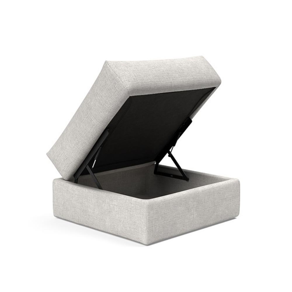 The Cornila Ottoman from Innovation Living with adario fog 256 upholstery open.