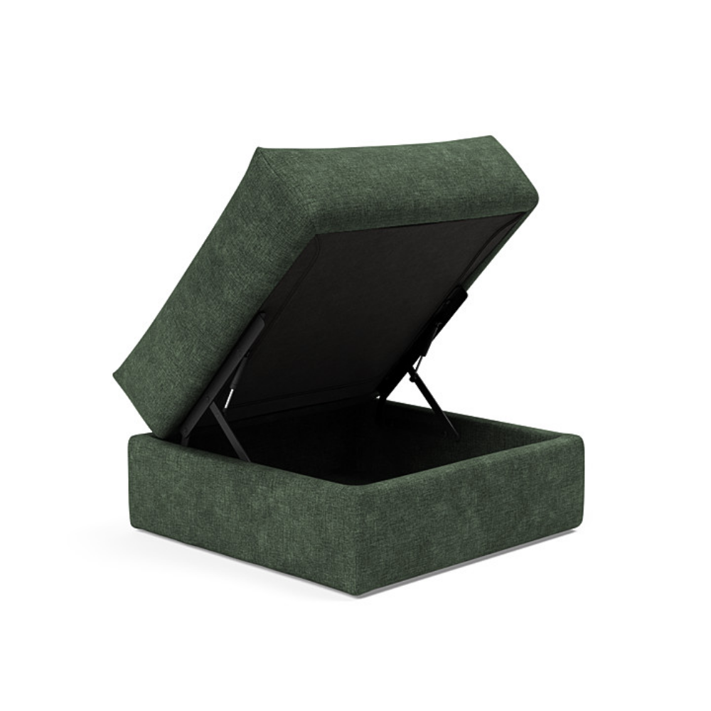 The Cornila Ottoman from Innovation Living with avella pine green 281 upholstery open.
