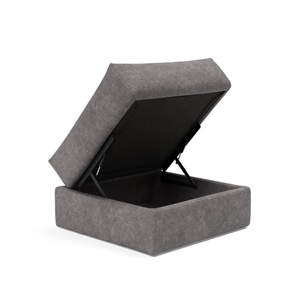 The Cornila Ottoman from Innovation Living with avella warm grey 282 upholstery open.
