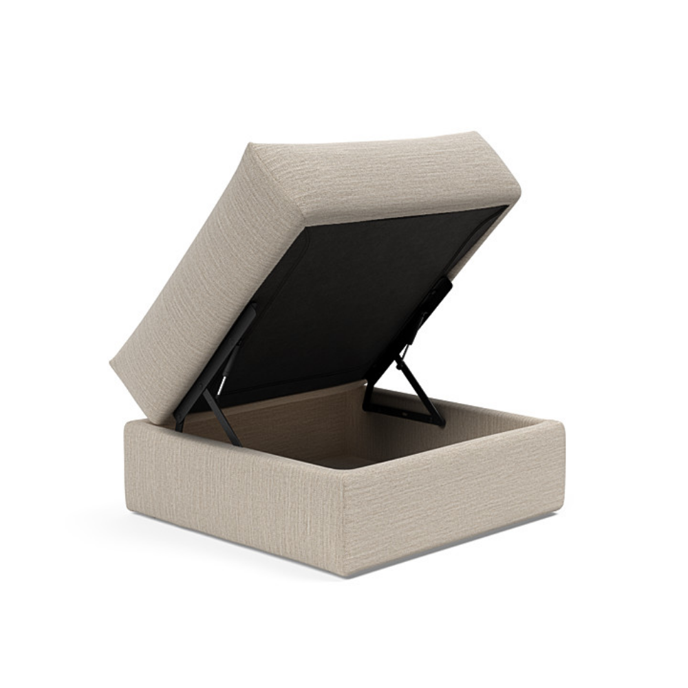 The Cornila Ottoman from Innovation Living with blida dand grey 612 upholstery open.