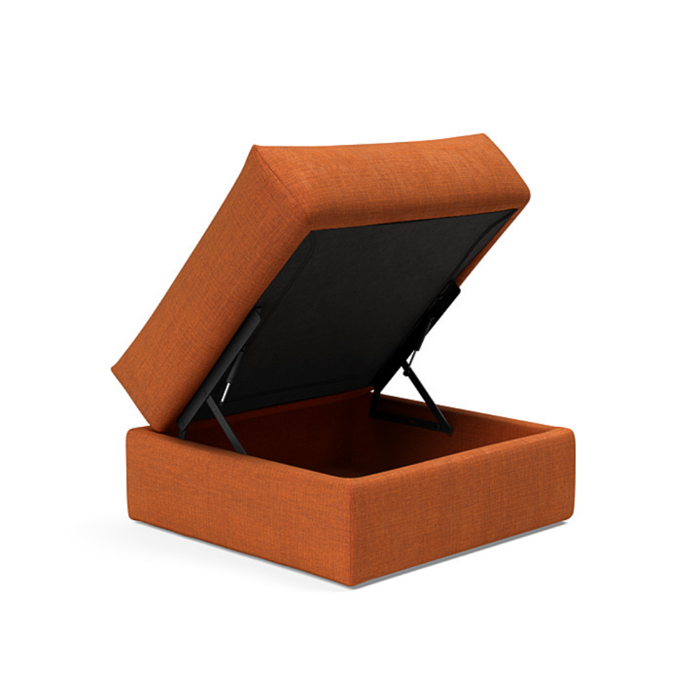 The Cornila Ottoman from Innovation Living with esina rust orange 412 upholstery open.