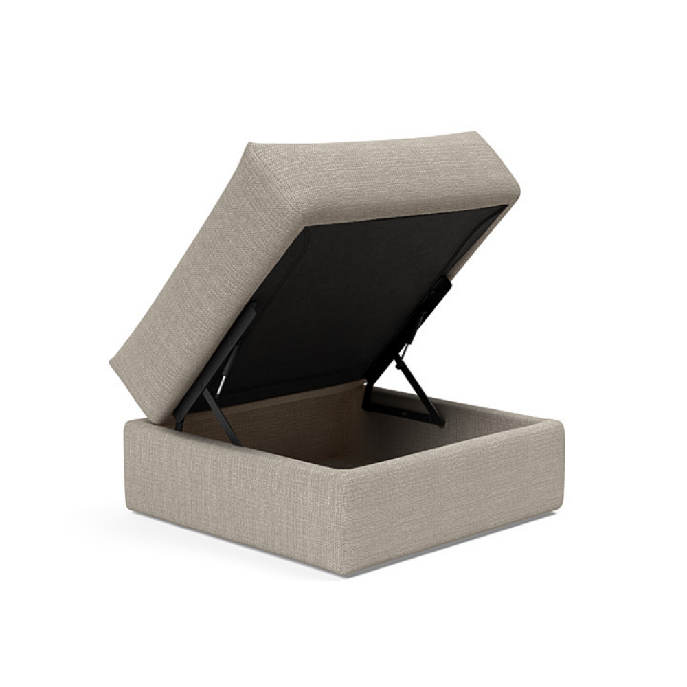 The Cornila Ottoman from Innovation Living with kenya gravel 579 upholstery open.