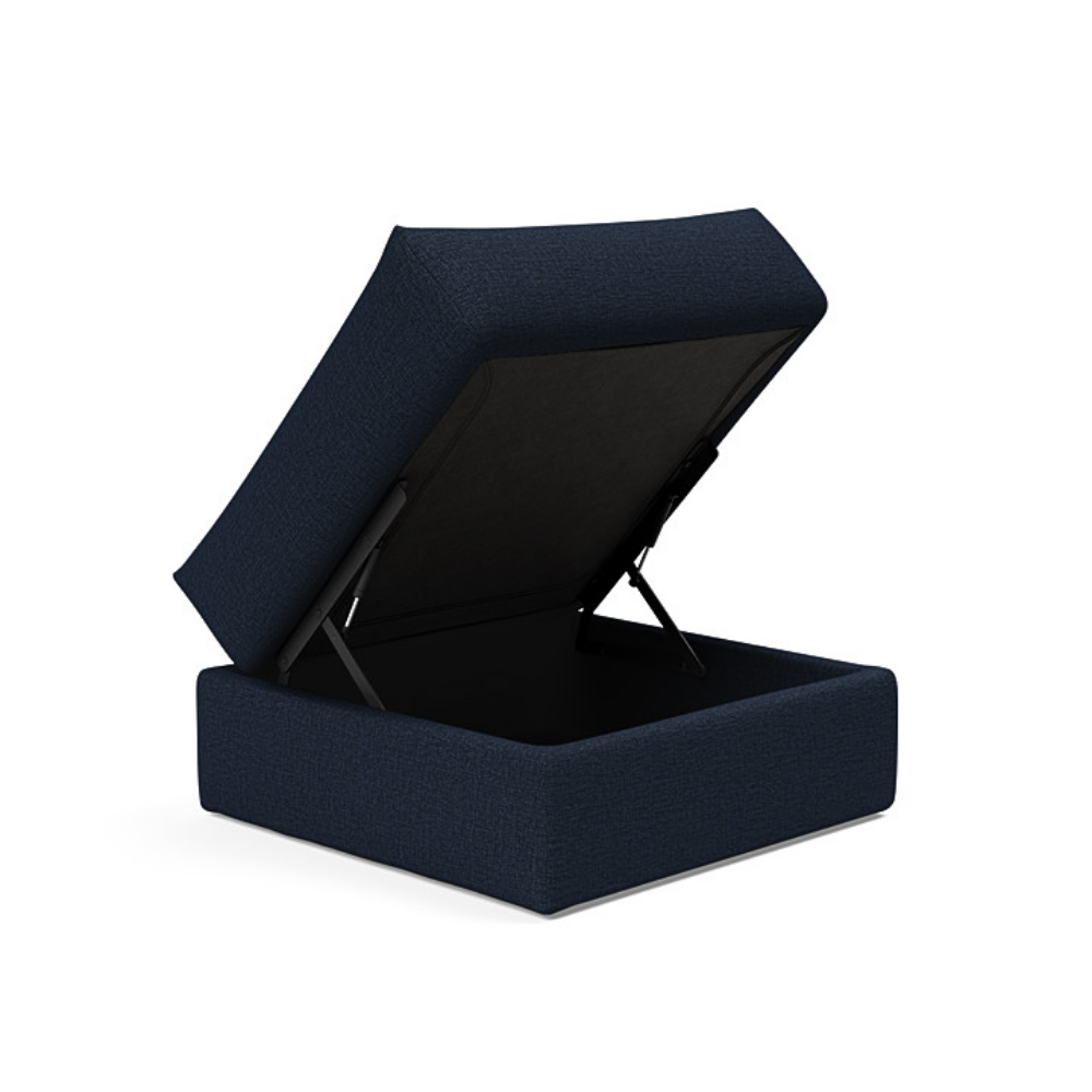 The Cornila Ottoman from Innovation Living with mixed dance blue 528 upholstery open.