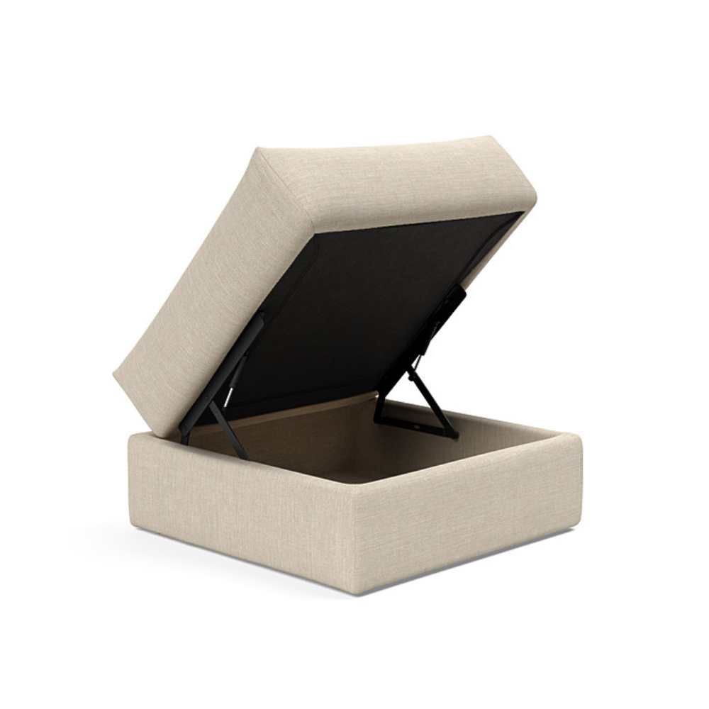 The Cornila Ottoman from Innovation Living with phobos latte 586 upholstery open.
