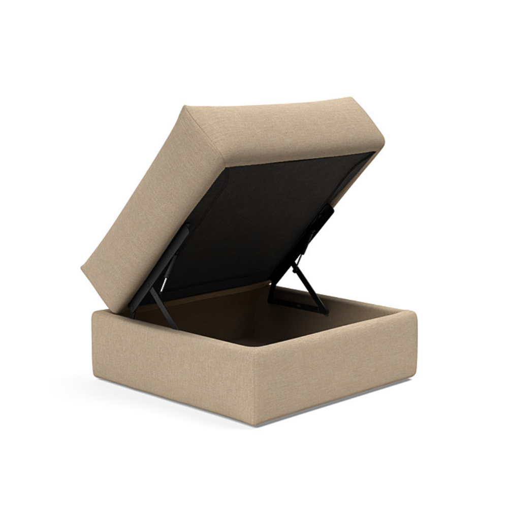 The Cornila Ottoman from Innovation Living with phobos mocha 587 upholstery open.