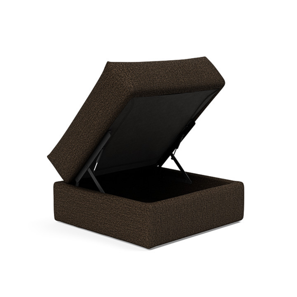The Cornila Ottoman from Innovation Living with taura chocco 358 upholstery open.