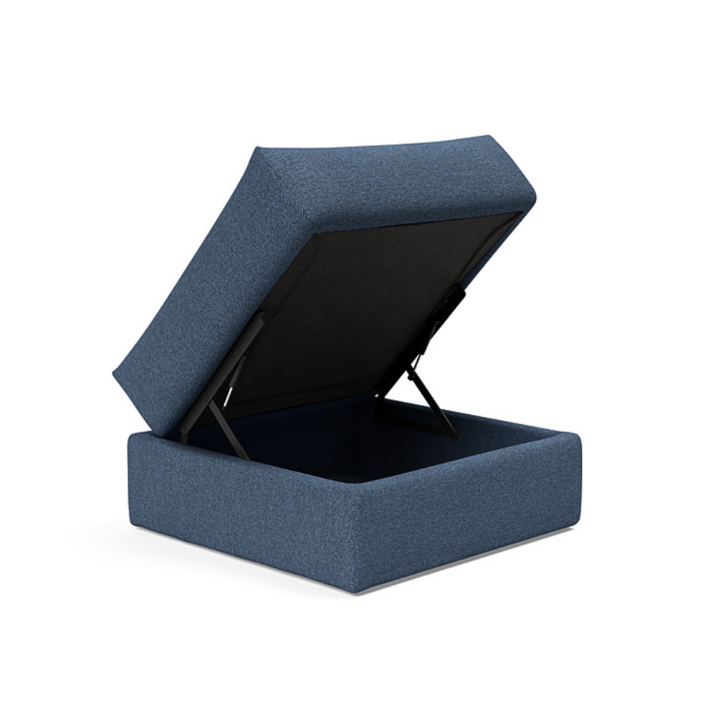 The Cornila Ottoman from Innovation Living with weda blue 302 upholstery open.